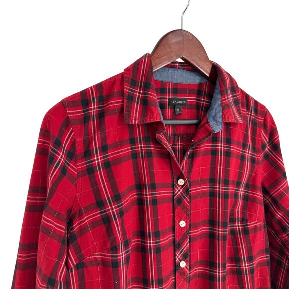 Talbots Medium Red Gold Metallic Plaid Long Sleeve Christmas Blouse Shirt TOp - Picture 3 of 7